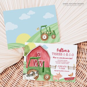 May include: A red barn with a green tractor in front of it. The tractor has a cow and a pig in front of it. The text on the invitation reads "Fulton's Three-I-E-I-O Plow on over for some fun! Fulton's Barn 123 Rustic Farm Lane Dillon, Texas 12345 June 4th 9-11AM Rep by May 30th to 133.454.2710"
