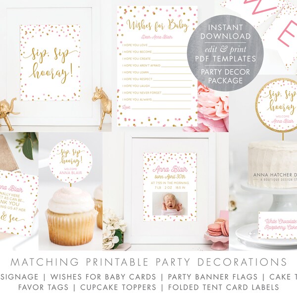 Sip and See Baby Girl Decorations in Pink/Gold, DIY Editable PDF Sign, Banner, Wishes, Favor Tags, Cake/Cupcake Toppers, Food Labels,  BABY6
