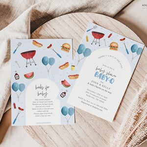 May include: A baby shower invitation with a blue and white watercolour design featuring a grill, hot dogs, watermelon, and balloons. The text reads "Join us for a baby shower BABY-Q for JOHN & KELLY & baby Charles on the way. November 12th at 2pm 224 Tennessee Avenue Nashville, TN 37215 RSVP by Nov 1st to 123-456-7890 Registered at babylist.com"