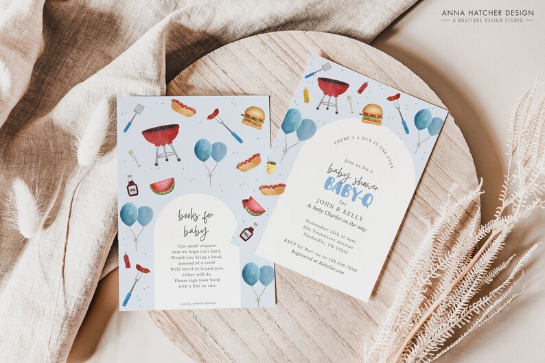 May include: A baby shower invitation with a blue and white watercolour design featuring a grill, hot dogs, watermelon, and balloons. The text reads "Join us for a baby shower BABY-Q for JOHN & KELLY & baby Charles on the way. November 12th at 2pm 224 Tennessee Avenue Nashville, TN 37215 RSVP by Nov 1st to 123-456-7890 Registered at babylist.com"