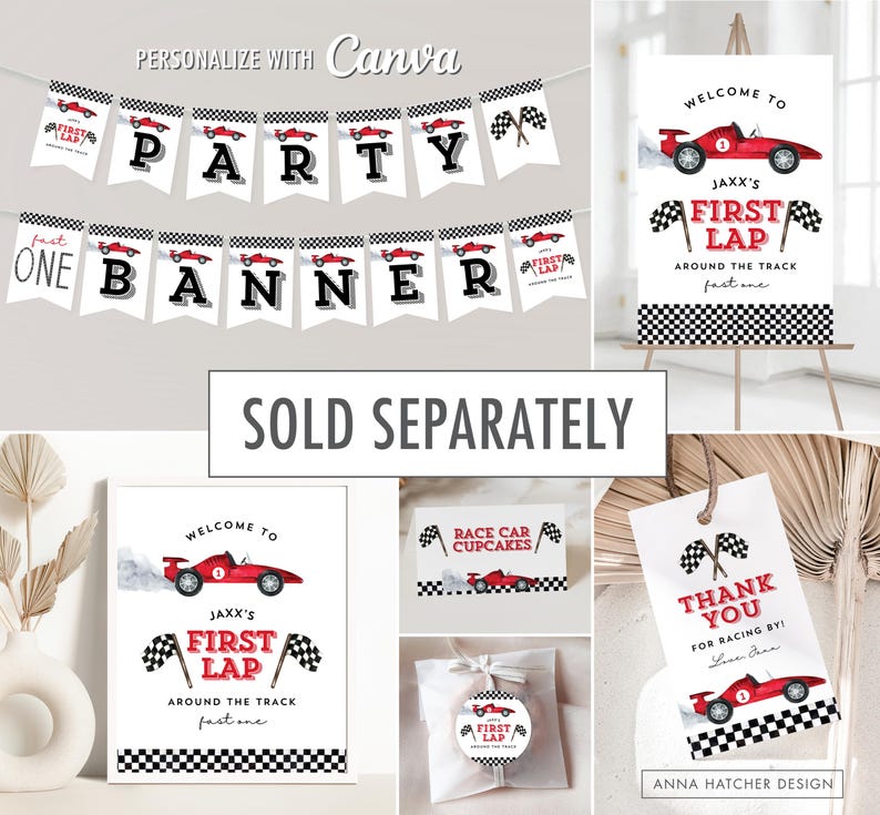 Race Car 1st Birthday Invitation, First Lap Around the Track Birthday Invite for One Year Old Boy, Editable Canva Template, Print or Text image 4