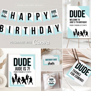 Dude Birthday Party Editable Canva Templates, Personalized Printable Thank You Favor Tag, Round Sticker, Banner, Game Signs, Tent Cards