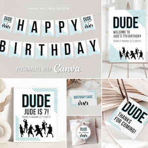 Kerel verjaardagsfeestje bewerkbare Canva-sjablonen, gepersonaliseerde afdrukbare dank u gunst tag, ronde sticker, banner, spelborden, tentkaarten