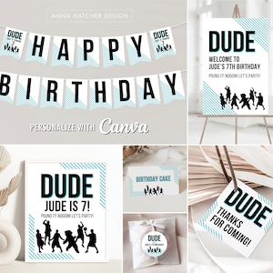 Dude Birthday Party Editable Canva Templates, Personalized Printable Thank You Favor Tag, Round Sticker, Banner, Game Signs, Tent Cards