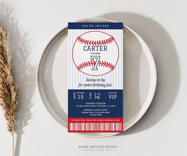May include: Baseball-themed birthday party invitation with a blue and white striped background. The invitation features a red and white baseball with the name "Carter" and the number "7" on it. The text "You're Invited" is at the top of the invitation, and the text "Swing on by for some birthday fun!" is below the baseball. The invitation also includes the date, time, and location of the party.