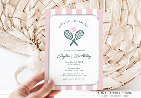 Lets Hit the Court Tennis Birthday Invite, pink stripes, green racket, milestone girl tennis party canva invitation, digital download