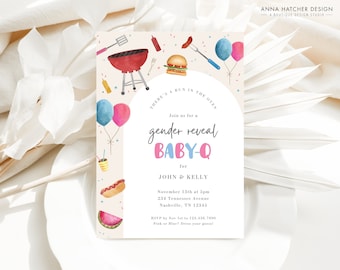Gender Reveal Grilleinladung, BabyQ einladen, Brötchen im Ofen und Burger auf dem Grill, Junge oder Mädchen, rosa oder blau, bearbeitbare Canva-Vorlage