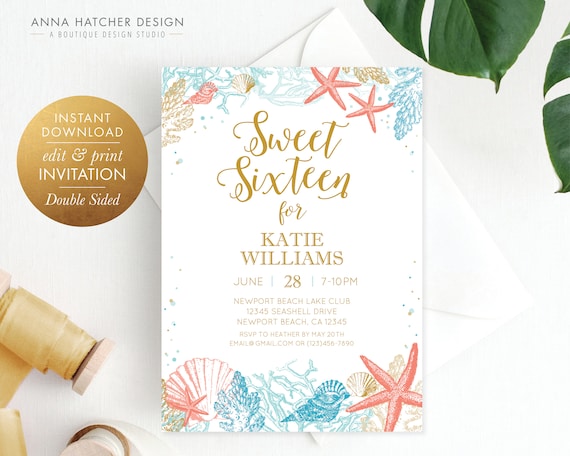 Beach Themed Sweet 16 Birthday Invitation Beach Sweet Sixteen Etsy