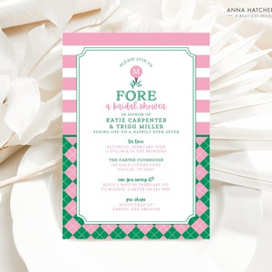 Golf Bridal Shower Invitation in Pink and Green, Argyle Wedding Shower Golf Par Tee Invite, Editable Canva Template,Digital Instant Download