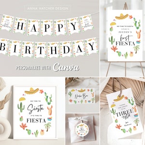 Fiesta Birthday Party Editable Canva Templates, Personalized Printable Signs, Favor Tag, Circle Sticker, Banner, 1st Year Sign, Tent Cards