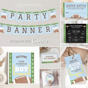 Może przedstawiać: Zestaw do druku dekoracji na baby shower w stylu piłkarskim. Dekoracje obejmują baner, tabliczkę powitalną, los na loterię pieluszek, tablicę wynik&oacute;w touchdown, etykiety na upominki i etykietę na prezent. Kolory to niebieski, zielony, brązowy i biały.