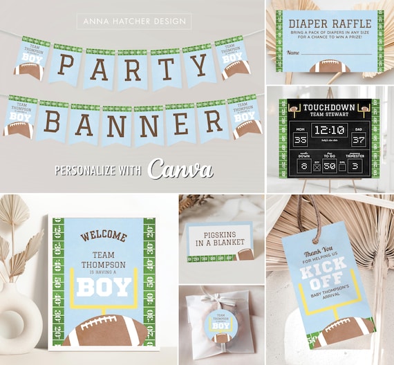 Football Baby Shower Editable Canva Templates, Personalized Printable Thank You Favor Tag, Circle Sticker, Banner, Signs, Poster, Tent Cards