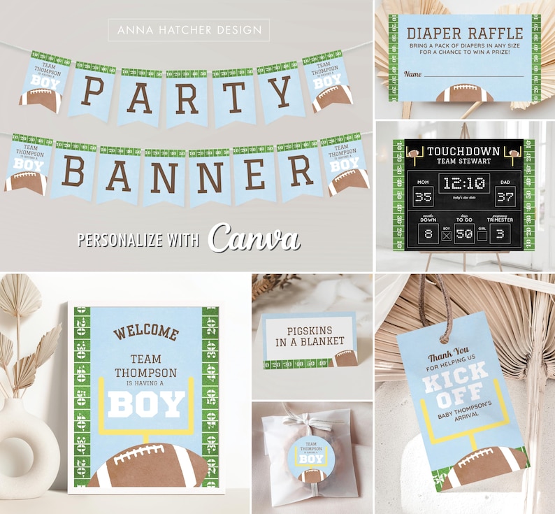 Może przedstawiać: Zestaw do druku dekoracji na baby shower w stylu piłkarskim. Dekoracje obejmują baner, tabliczkę powitalną, los na loterię pieluszek, tablicę wynik&oacute;w touchdown, etykiety na upominki i etykietę na prezent. Kolory to niebieski, zielony, brązowy i biały.