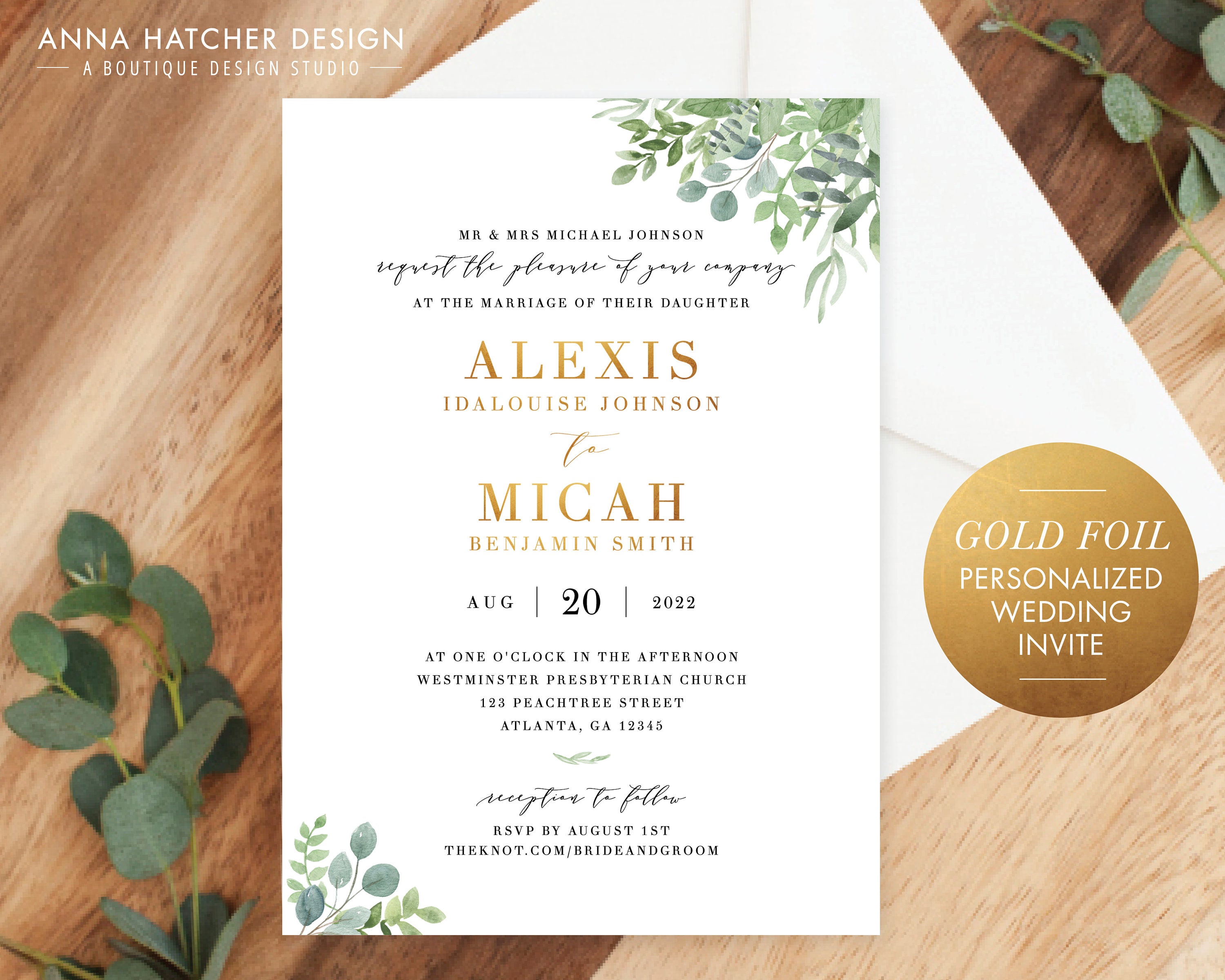 Greenery Gold Foil Wedding Invitation Personalized Wedding Etsy