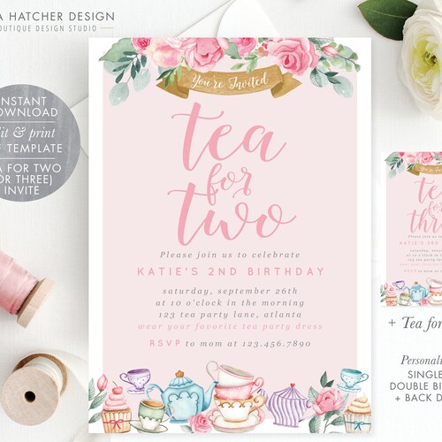 Tea for Two Birthday Invitation Template Printable Tea Party Etsy
