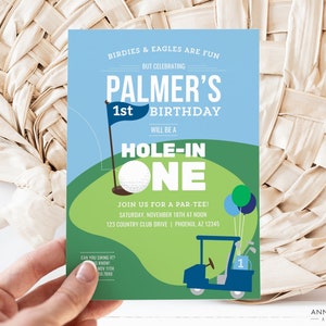 Golf Hole In One Birthday Invitation, Personalized Hole-In-One 1st Birthday Par-tee Canva Template, All text editable download, photo invite