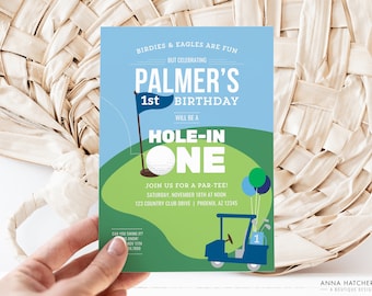 Golf Hole In One Birthday Invitation, Personalized Hole-In-One 1st Birthday Par-tee Canva Template, All text editable download, photo invite