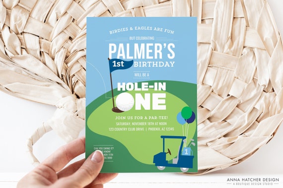 Golf Hole In One Birthday Invitation, Personalized Hole-In-One 1st Birthday Par-tee Canva Template, All text editable download, photo invite