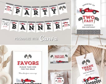 Growing Up Two Fast, Race Car 2nd Birthday Birthday Party Editable Canva Templates, Printable Tag, Sticker, Banner, Signs, Tent Cards,Topper
