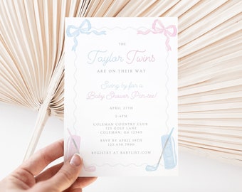 Twin Baby Shower Invitation, Sweet Boy and Girl Twins Golf Baby Shower Par-tee, Editable Canva Template, Blue and Pink Bow, Golf Club Bag