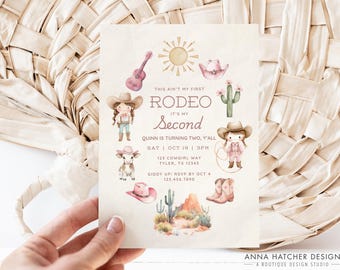 Cowgirl Second Rodeo Birthday Invite, Ain't First Rodeo, Western Girl 2nd Birthday Invitation, Customizable Canva Template, Print or Digital