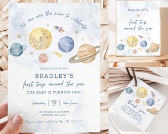 Space Birthday Party Bundle, 1st Trip Around the Sun Editable Canva Templates, Invitation, Favor Tag, Party Signs, Time Capsule, Milestone
