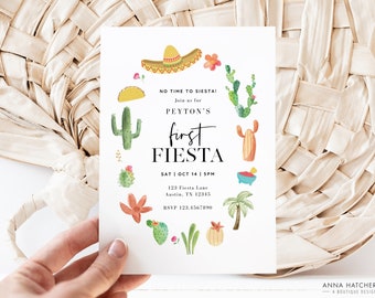 First Fiesta Invitation, No Time to Siesta 1st Birthday Fiesta Invite, Taco Party, Editable Canva Template Download, Print or Text