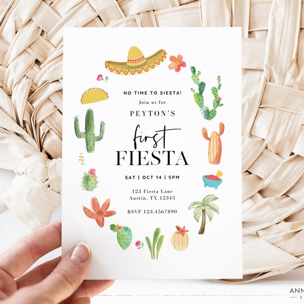 First Fiesta Invitation, No Time to Siesta 1st Birthday Fiesta Invite, Taco Party, Editable Canva Template Download, Print or Text