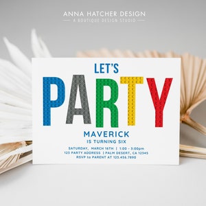 Brick Building Birthday Party Invitation, Party in Building Blocks, Editable Canva Template, Digital Instant Download, Print or Text