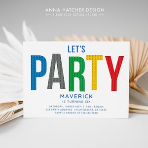 Brick Building Birthday Party Invitation, Party in Building Blocks, Editable Canva Template, Digital Instant Download, Print or Text