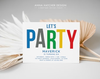 Brick Building Birthday Party Invitation, Party in Building Blocks, Editable Canva Template, Digital Instant Download, Print or Text