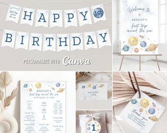 Space Birthday Party Editable Canva Templates, Personalized Printable Thank You Favor Tag, Circle Sticker, Banner, Signs, Poster, Tent Cards