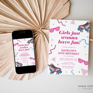 Girls Just Wanna Have Fun Invitation, 80s, 90s Birthday Invite, Pajama Sleepover Party, Editable Canva Template, Instant Digital Download image 3