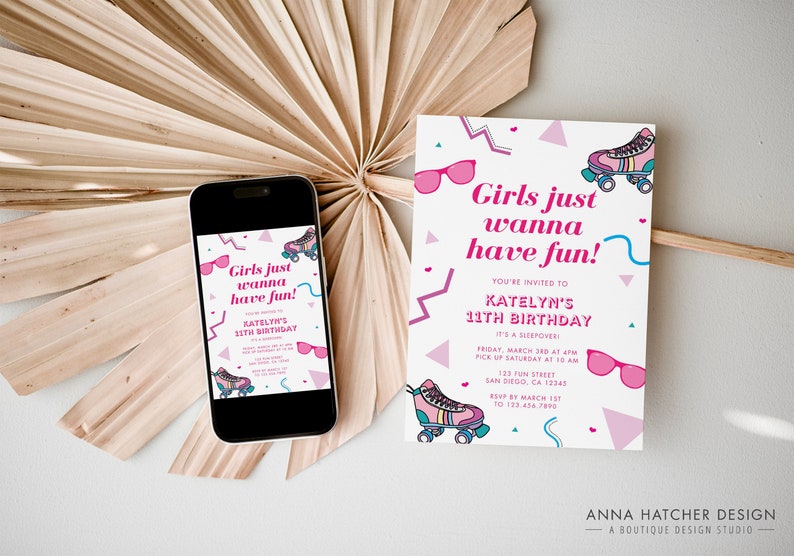 Girls Just Wanna Have Fun Invitation, 80s, 90s Birthday Invite, Pajama Sleepover Party, Editable Canva Template, Instant Digital Download image 3