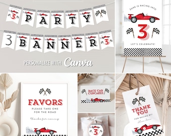 Race Car 3rd Birthday Birthday Party Editable Canva Templates, Little Racer Printable Tag, Sticker, Banner, Signs, Tent Cards, Cupcakes