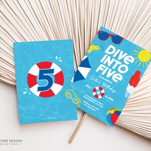 Dive into Five Birthday Invitation, 5th Birthday Pool Party Invite, Editable Any Age Swim Waterslide Party Canva Template, Print or Text image 2