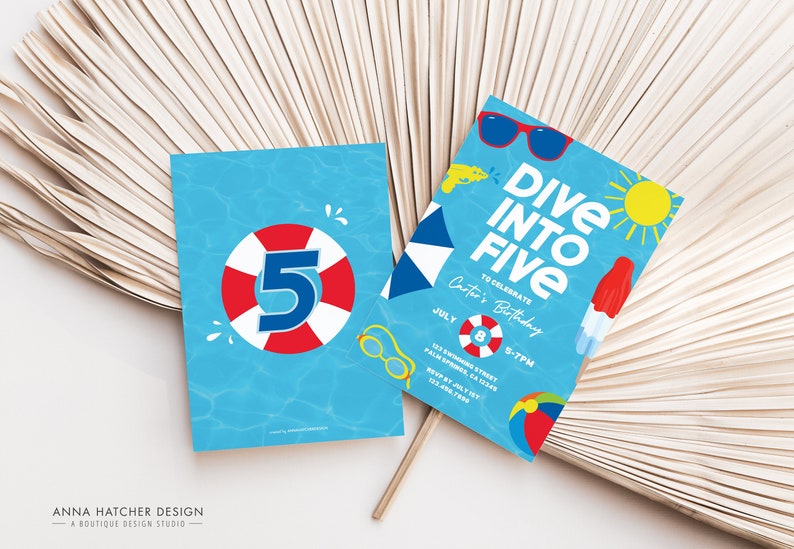 Dive into Five Birthday Invitation, 5th Birthday Pool Party Invite, Editable Any Age Swim Waterslide Party Canva Template, Print or Text image 2