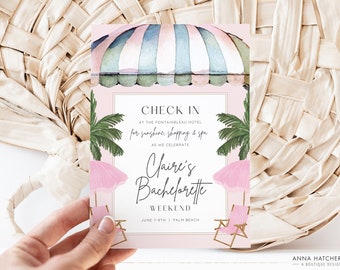 May include: A pink and white invitation with a watercolor illustration of a beach umbrella, palm trees, and beach chairs. The text reads "Check in at the Fontainbleau Hotel for sunshine, shopping & spa as we celebrate Claire's Bachelorette Weekend June 7-9th Palm Beach".