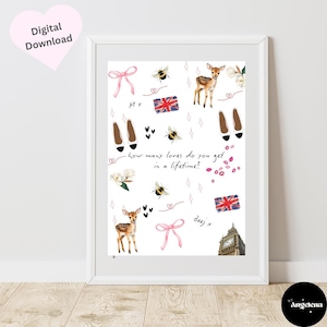 May include: A white printable art print with a pink and white color scheme. The print features a variety of illustrations including a deer, a bee, a bow, a pair of shoes, and the text "how many loves do you get in a lifetime?" and "Beej x".