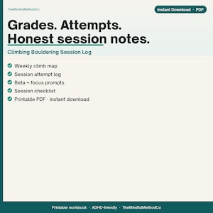 Könnte beinhalten: Ein digitales Dokument mit dem Titel Grades. Attempts. Honest session notes. Climbing Bouldering Session Log. Es listet Funktionen wie eine wöchentliche Kletterkarte, ein Versuchsprotokoll, Fokus-Prompts, eine Checkliste und einen PDF-Download auf.