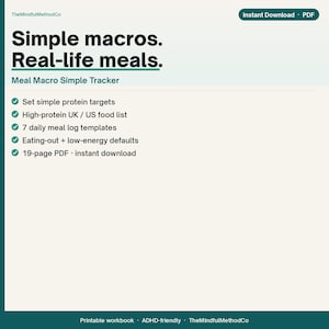 May include: A digital meal macro tracker document titled Simple macros. Real-life meals. The page lists features including protein targets, a UK/US food list, 7 daily meal log templates, eating-out defaults, and a 19-page PDF format for download.