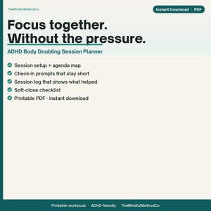 Utskrivbar ADHD Body Doubling-sessionsplanerare - Fokuspartneragenda och incheckning i PDF-format