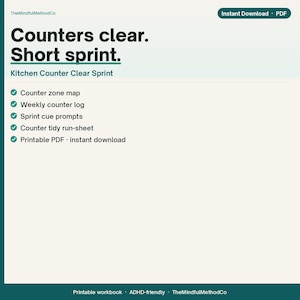 Puede incluir: Un documento digital titulado Counters clear. Short sprint. Kitchen Counter Clear Sprint. Enumera características que incluyen un mapa de zonas de encimera, un registro semanal, avisos de sprint y una hoja de control, en formato PDF imprimible.
