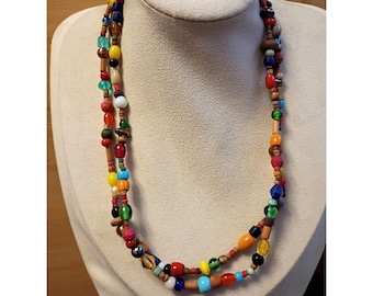 Natural Mixed Media Double Strand African Trade Bead Necklace Multi-Color