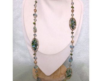 Vintage Bunte Halskette Kristall Blau Grüne Perle auf Kupferkette Oval Stationen
