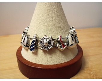 Cute Vintage Nautical Charm Slider Bracelet with Sailboat, Lighthouse and Anchor