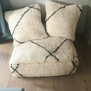 Handmade Moroccan Wool Pouf Set: Cream & Black Berber Boho Decor