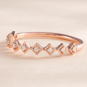 Unique minimalist 18k rose gold women diamond geometric wedding ring, Dainty diamond promise ring, Delicate elegant diamond stacking ring