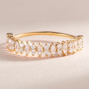 Women vintage style art deco 18k yellow gold marquise & round diamond unique wedding band, Dainty elegant diamond stacking wedding ring gold
