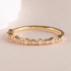 Vintage inspired gold stacking ring, 18k yellow gold vermeil wedding band, Dainty cz art deco eternity ring, Minimalist promise ring for her
